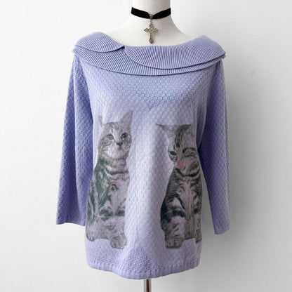 kitten knit half sleeve wide collar sweater (large)