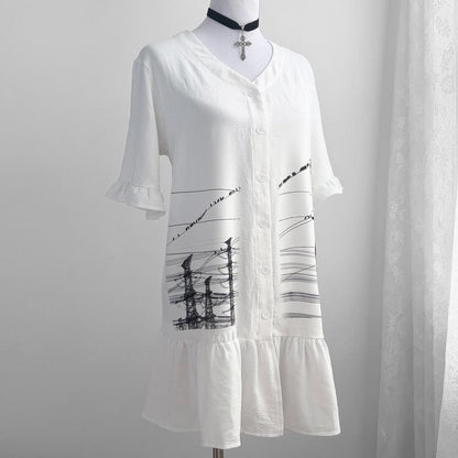 manga power lines ruffle button up mini dress (large)