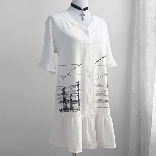 manga power lines ruffle button up mini dress (large)