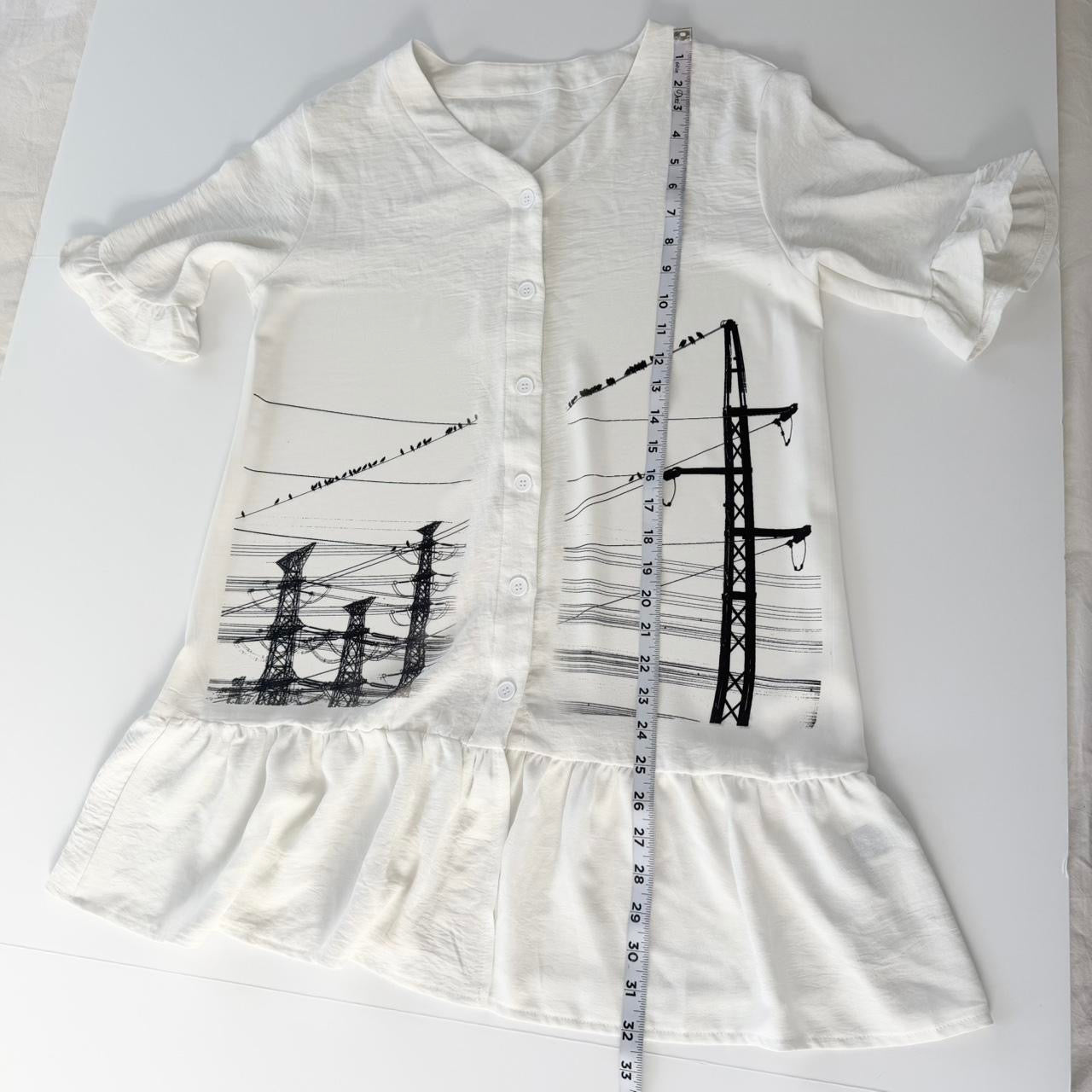 manga power lines ruffle button up mini dress (large)