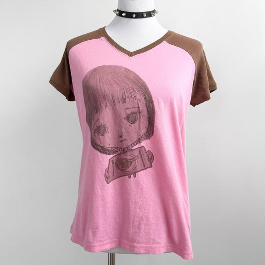 nervous girl pink cotton baseball tee (xl)