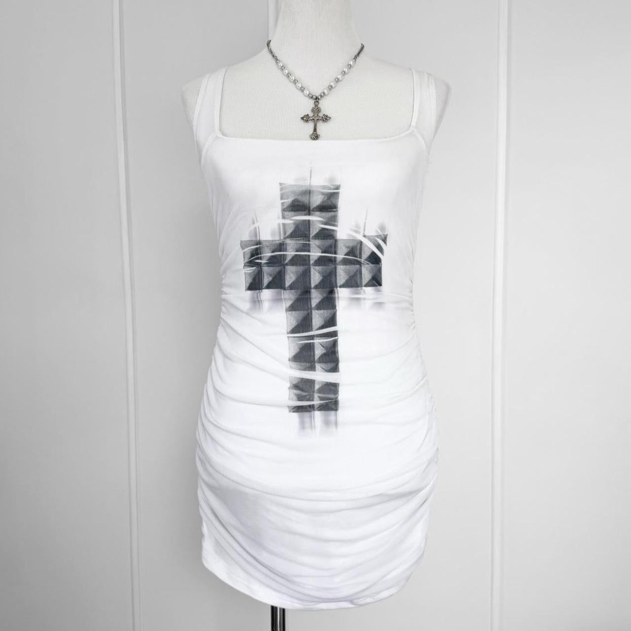 studded cross ruched mesh mini dress (large)