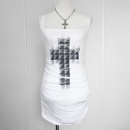 studded cross ruched mesh mini dress (large)