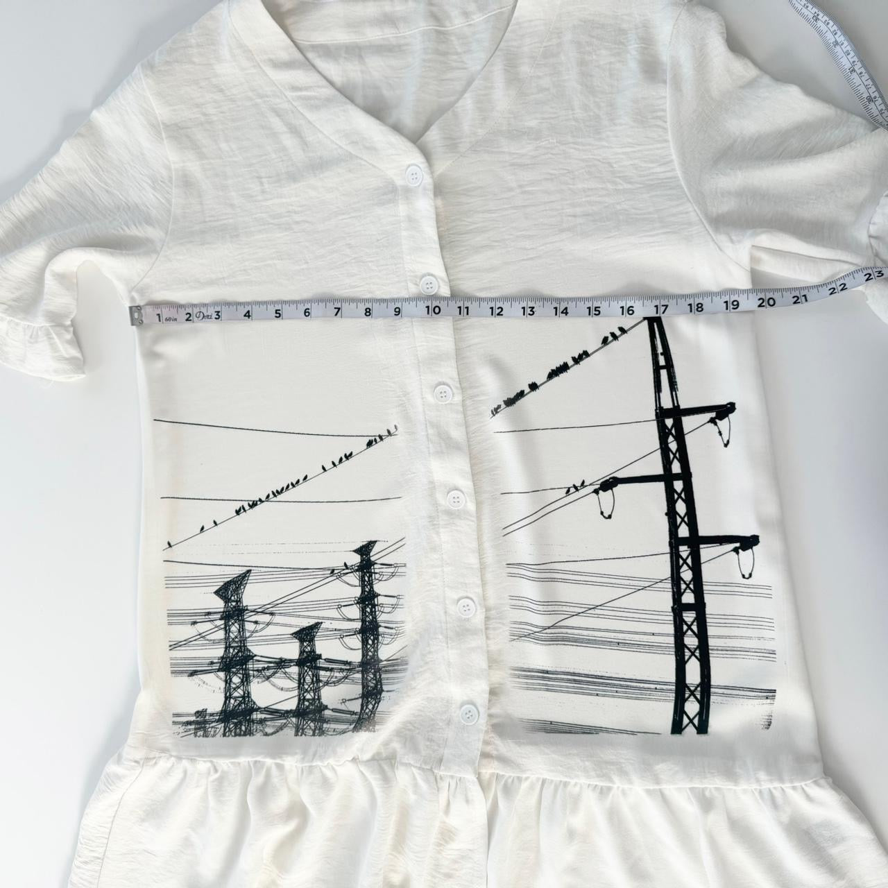 manga power lines ruffle button up mini dress (large)