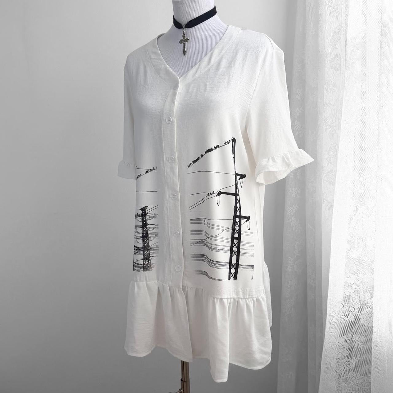 manga power lines ruffle button up mini dress (large)